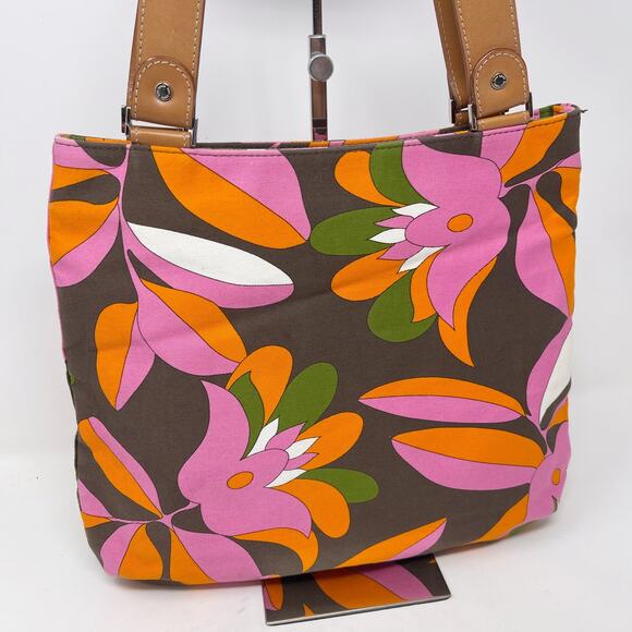 Kate Spade Pink Orange Brown Vintage Floral Inspired Tote Double Leather Handle - Picture 6 of 16